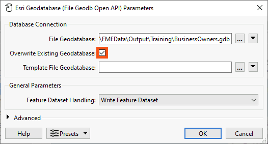 Enabling Overwrite Existing Geodatabase